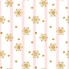 Wall Mural - Christmas gold snowflake seamless pattern. Golden glitter snowflakes on pink white lines background. Winter snow texture design wallpaper Symbol holiday, New Year celebration. Vector illustration