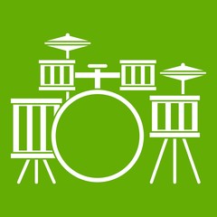 Poster - Drum kit icon white isolated on green background. Vector illustration