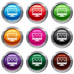Poster - Graph in computer screen set icon isolated on white. 9 icon collection vector illustration