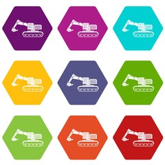 Poster - Excavator icon set many color hexahedron isolated on white vector illustration