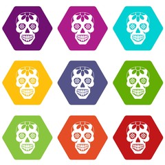 Wall Mural - Sugar skull, flowers on the skull icon set many color hexahedron isolated on white vector illustration