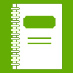 Poster - Closed spiral notebook icon white isolated on green background. Vector illustration