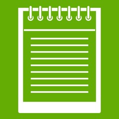 Poster - Spiral notepad icon white isolated on green background. Vector illustration