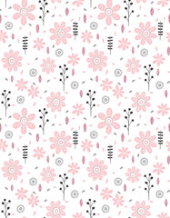  Cute Abstract Floral Vector Pattern. Grey and Black Twigs, Pink Flowers and Leaves, White Background.