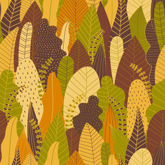 Wall Mural - Autumn seamless patterns. Forest background in warm tone. Vector illustration.