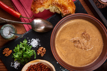 Wall Mural - a plate of meat cream soup  on a tray