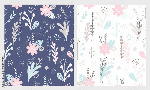 Hand Drawn Cute Floral Vector Patterns Set Dark Blue And White