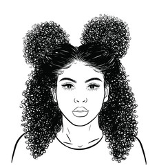 Curly beauty girl illustration isolated on clear background. Double buns with long hair. Hand draw idea for business cards, templates, web, brochure, posters, postcards, salon