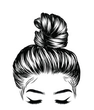 Woman With Stylish Classic Bun With Perfect Eyebrow Shaped And Full. Illustration Of Business Hairstyle With Natural Long Hair. Hand-drawn Idea For Greeting Card, Poster, Flyers, Web, Print For T-shir