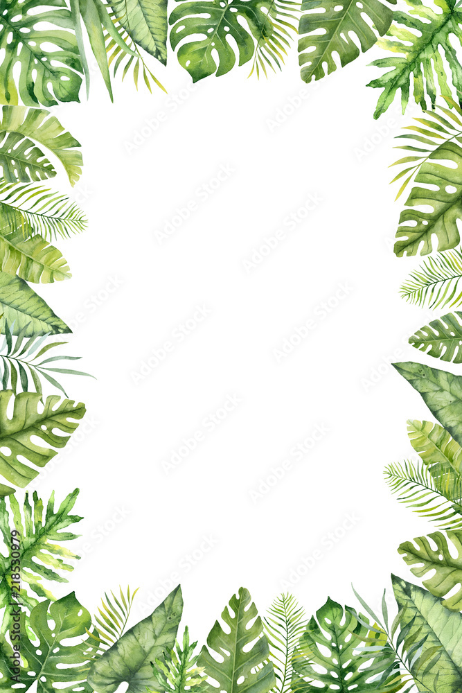 Watercolor hand painted frame with tropical green leaves and branches ...
