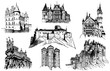 Graphical set of sightseeing isolated on white, famous buildings of the world,vector sketch