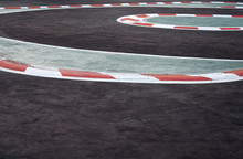 Curving Asphalt Red And White Kerb Of A Race Track Detail,Motorsports Racing Circuit Race Track Curve Road For Car Racing