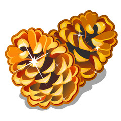 Wall Mural - Two golden pinecones isolated on white background. The attributes of the New year and Christmas made out of gold. Sample of the poster, invitation and other cards. Vector illustration.