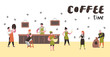 © Pavlo Syvak - Barista Man and Woman Flat Characters in Coffee Shop. Cartoon Cafe Staff with Cup, Mug and Coffee Beans for Poster, Banner. Vector illustration