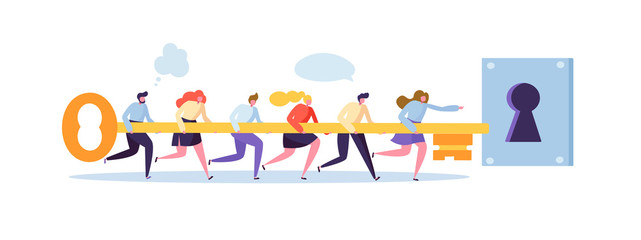 Wall Mural - Business Solution Concept. Businessmen Holding Big Key Together and Trying to Open Keyhole. Flat People Teamwork Strategy. Vector illustration
