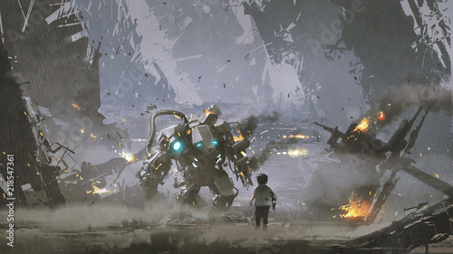 Photographie scene of the boy looking at the damaged robot who protected him from the war, di