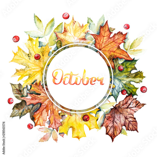 October Lettering Banner Watercolor Frame With Bright Autumn