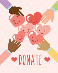 Wall Mural - hands with kawaii hearts unity donate vector illustration