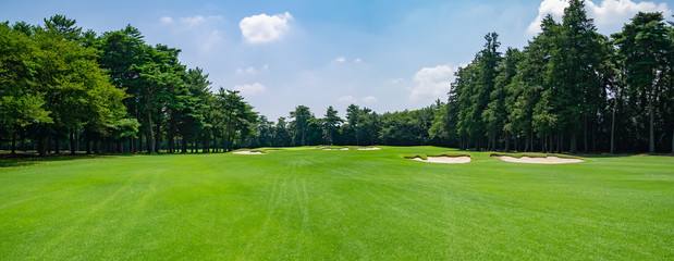 panorama view of golf course with fairway field in chiba prefecture, japan. golf course with a rich 