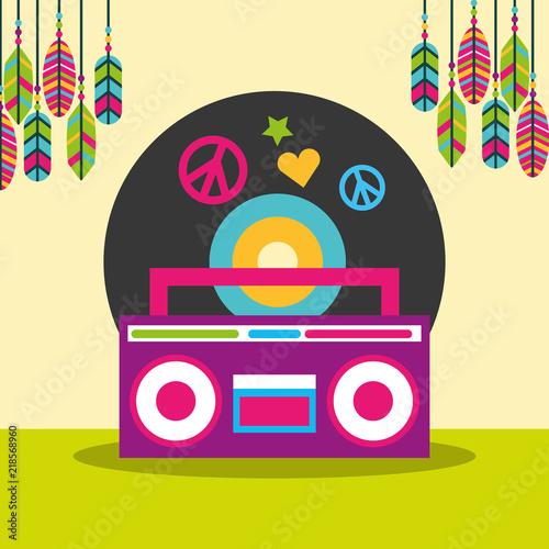 Fotografía stereo radio vinyl disc peace and love feathers hippie free spirit vector illust