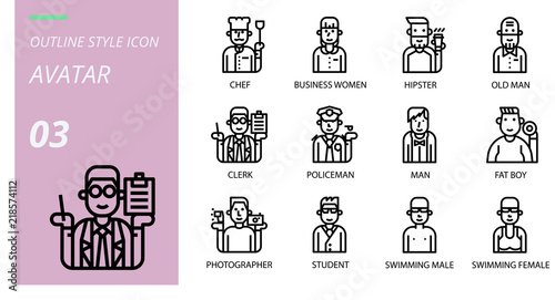 outline icon pack icons for avatars chef business women hipster old man clerk policeman man fat boy photographer student swimming male swimming female buy this stock vector and explore similar vectors outline icon pack icons for avatars