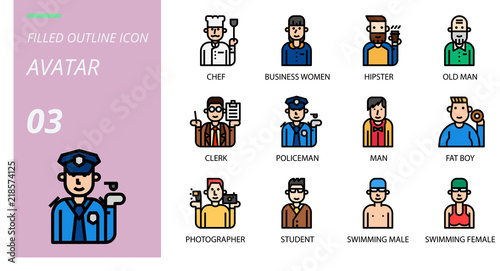 filled outline icon pack icons for avatars chef business women hipster old man clerk policeman man fat boy photographer student swimming male swimming female buy this stock vector and explore similar filled outline icon pack icons for