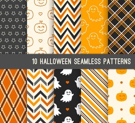 Ten Halloween different seamless patterns. Endless texture for wallpaper, web page background, wrapping paper and etc. Cute pumpkin and  smiling ghost, stripes, zigzag