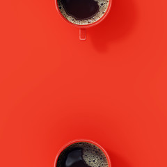 Top view of coffee cup on red background.