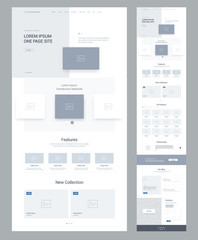 Wall Mural - One page website design template for business. Landing page wireframe. Flat modern responsive design. Ux ui website: home, features, collection,  products, testimonials, offers, blog, contacts.