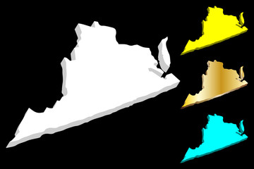 3D map of Virginia (United States of America, Commonwealth of Virginia) - white, yellow, blue and gold - vector illustration