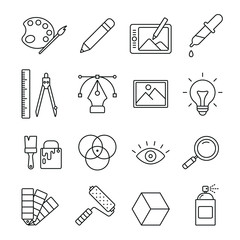 Graphic and web design related icons: thin vector icon set, black and white kit