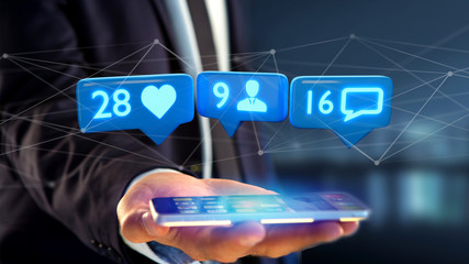 Poster - Businessman using a  smartphone with a Like, Follower and message notification on social network - 3d render