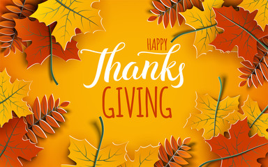 happy thanksgiving holiday 3d banner with congratulation text. autumn tree leaves frame, yellow back