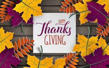 Thanksgiving holiday banner, paper colorful tree leaves on wooden background. Autumn design, for fall season poster, flyer, web site, thanksgiving greeting card, paper cut style, vector illustrationn