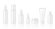 Mock up Realistic Glossy White Cosmetic Soap, Shampoo, Cream, Oil Dropper and Spray Bottles Set for Skincare Product Background Illustration