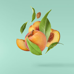 Wall Mural - Flying fresh ripe peach with green leaves isolated