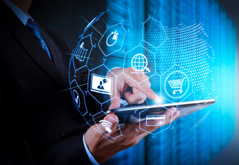 Poster - E-commerce concept with VR digital interface with icons of shopping cart and delivery truck and credit card with symbol of online purchase on internet.
