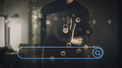 Aufkleber - cyber security internet and networking concept.Businessman hand working with VR screen padlock icon on computer background