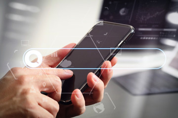 Aufkleber - close up of businessman hand working with mobile phone and laptop and digital tablet computer in modern office