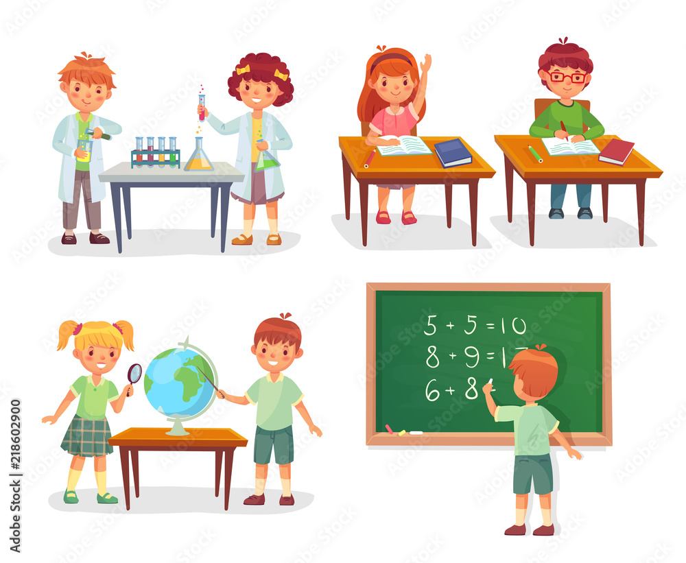 Vector de Stock Kids on school lesson. Primary schools pupils on chemistry  lessons, learn geography globe or sit at desk vector cartoon illustration |  Adobe Stock, image size:1000x821