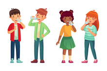 Kids Drink Glass Of Water. Happy Boy And Girl Drinks. Children Drinking Hydration Level Care Vector Cartoon Illustration