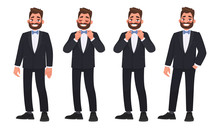 Set Of Character A Bearded Man In A Business Suit With A Bow Tie. The Groom