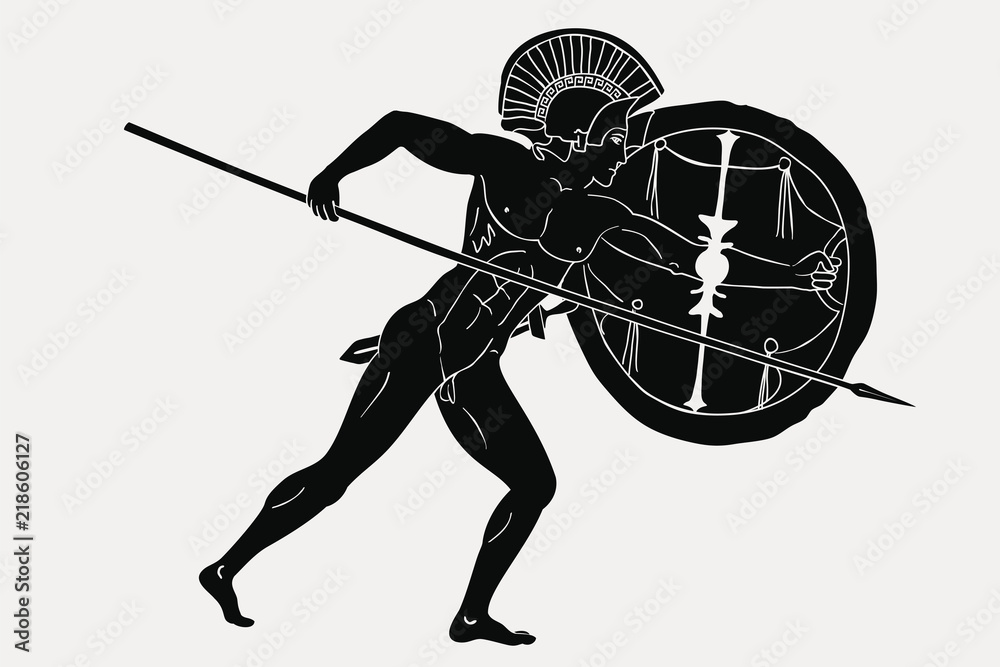 Ancient Greek warrior with a spear and shield in his hands isolated on ...