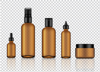 Mock up Realistic Glossy Amber Transparent Glass Cosmetic Soap, Shampoo, Cream, Oil Dropper and Spray Bottles Set With Black Cap for Skincare Product Background Illustration