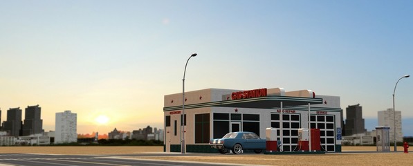 old gas station in the desert with city skyline in the background