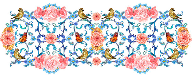 Wall Mural - border with fancy floral arabesques and birds. watercolor painting