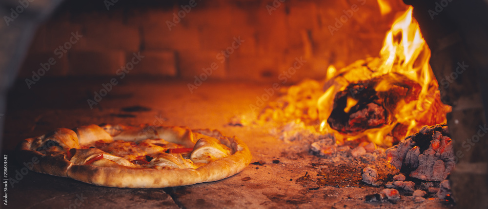 pizza in the oven, panoramic view - obrazy, fototapety, plakaty 