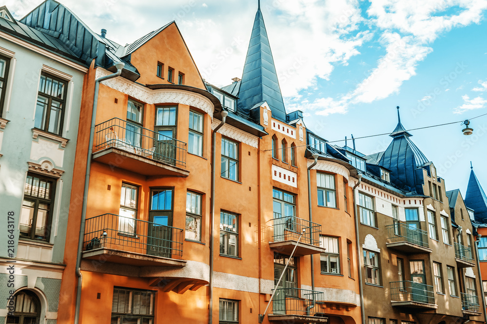 Obraz na płótnie Multicolored facades of buildings in Helsinki, the capital of Finland, the traditional Scandinavian architecture, Ullanlinna, Huvilakatu w salonie
