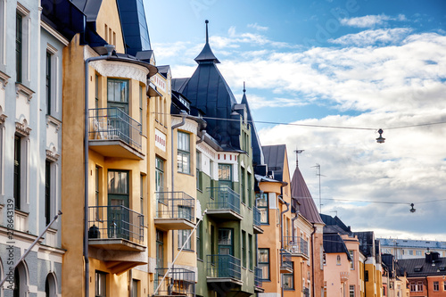 Cuadros en Lienzo Multicolored facades of buildings in Helsinki, the capital of Finland, the tradi