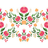 Hungarian folk pattern vector seamless border. Kalocsa embroidery floral ethnic ornament. Slavic eastern european print isolated. Traditional flower design for vintage wedding invitation.